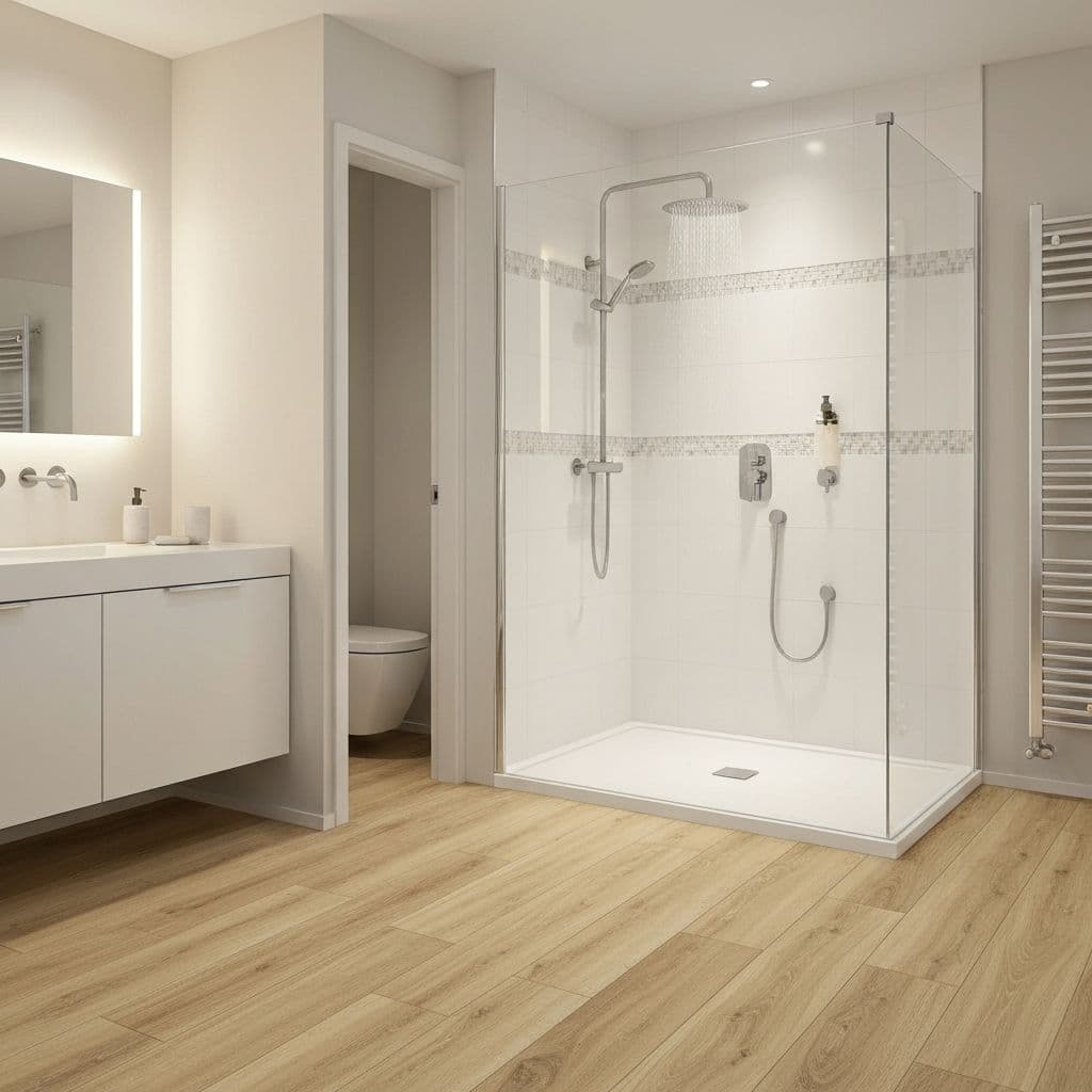 Pavimento vinilico impermeabile resistente all'acqua posato in bagno moderno con doccia walk-in
