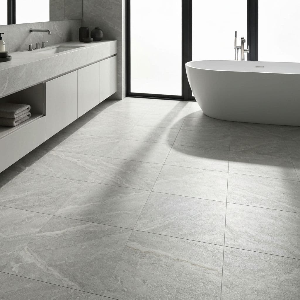 Pavimento vinilico effetto pietra marmo grigio posato in bagno di design