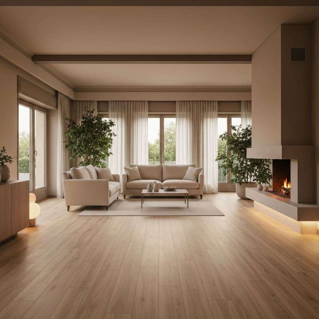 Pavimento vinilico effetto legno caldo posato in soggiorno residenziale luminoso con arredamento moderno